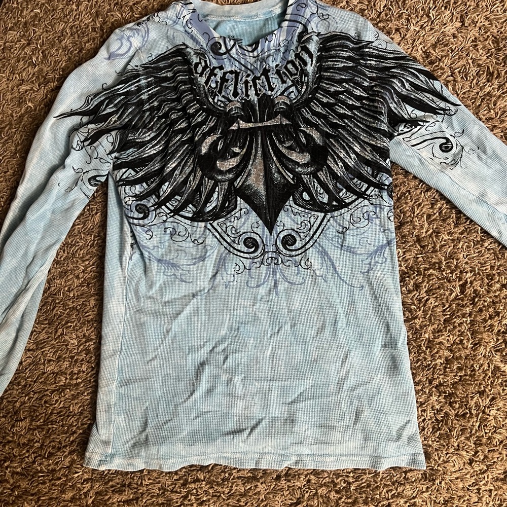 Affliction Light Blue Shirt with Black Wing Graphic